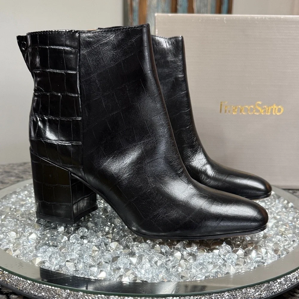 Franco Sarto Black Croc-Textured Leather Block Heel Ankle Boots NEW 8